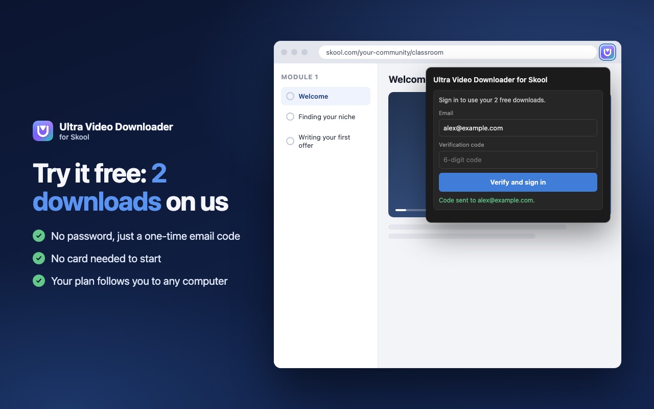 Signing in to the Skool downloader extension with a one-time email code.
